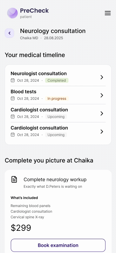 Medical history, packages, and exam booking